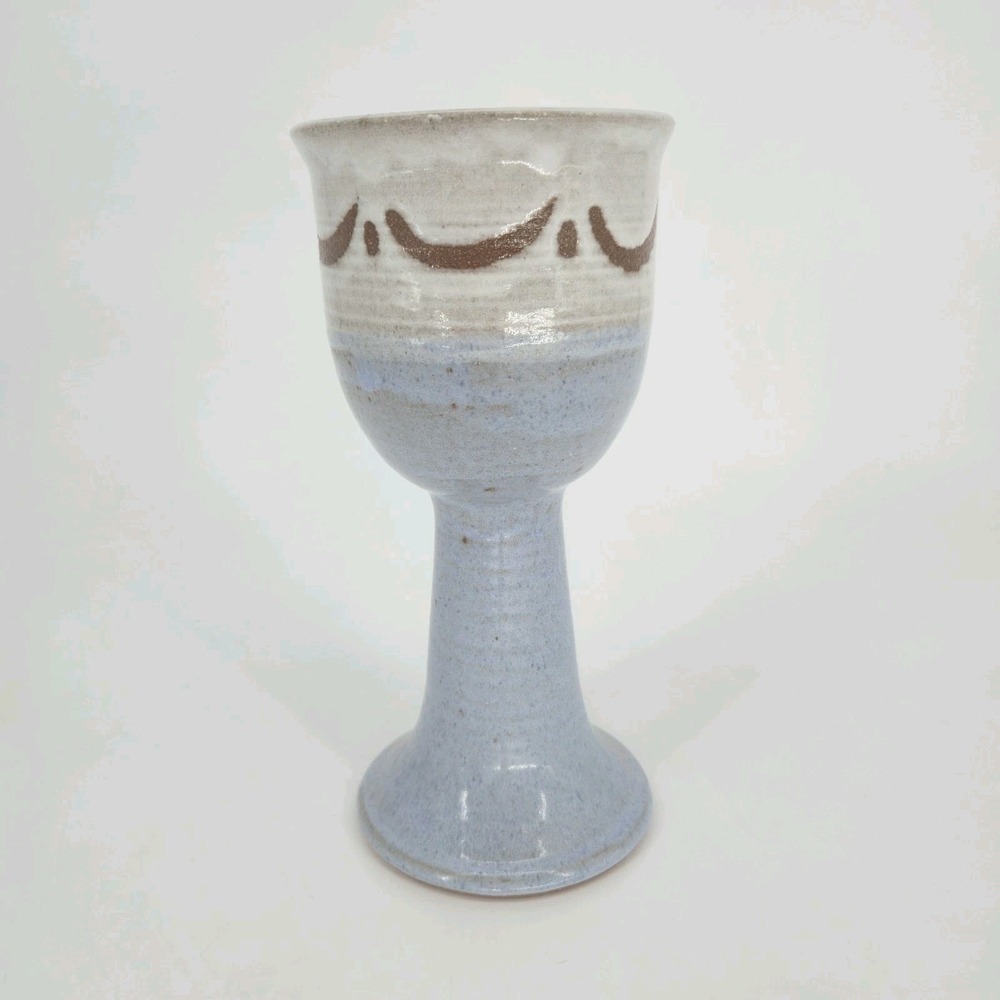 Signed Studio Pottery Goblet Chalice Blue Brown Stoneware Handmade 7.5" Cottage